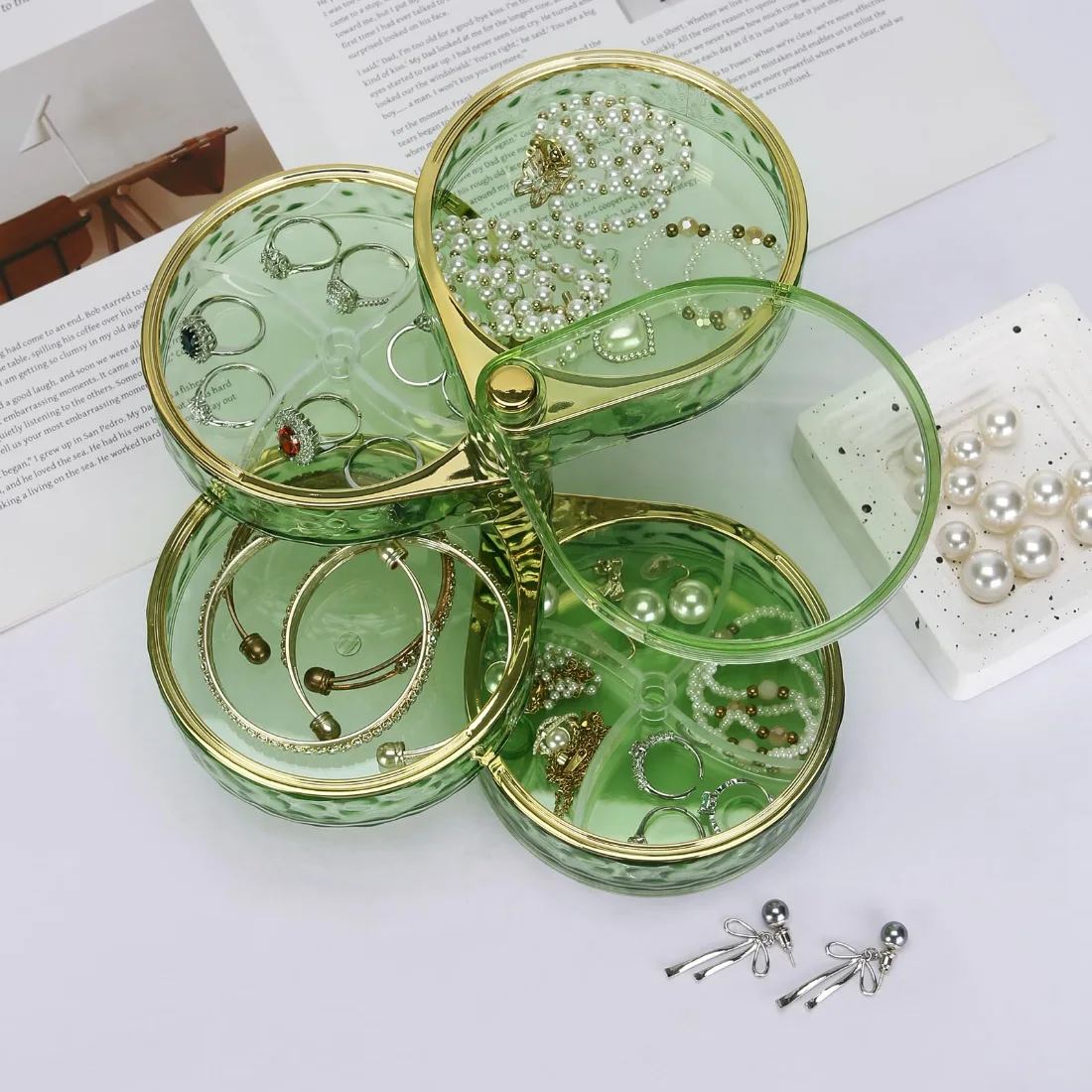 LETURE 4-Tier Rotating Jewelry Organizer in Green & Clear, view 2