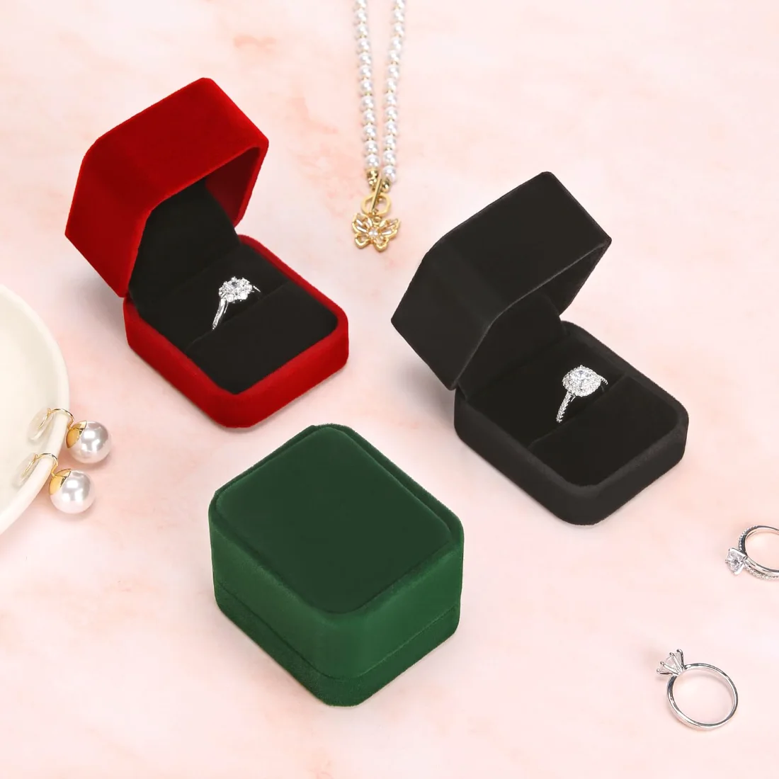 LETURE Black Velvet Ring Boxes, Set of 6 in Black, view 5