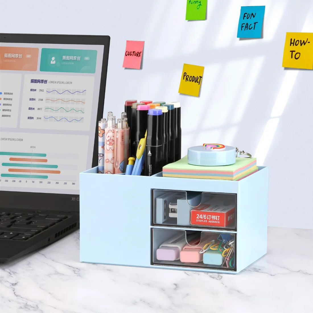 LETURE Desk Organizer with Drawer in Blue, view 3