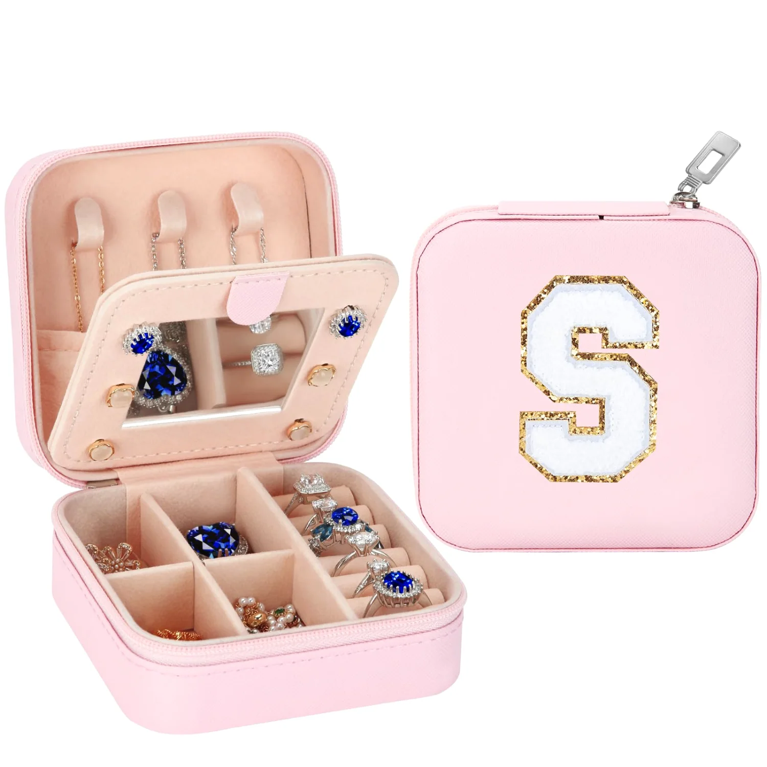 LETURE Double-Layer Travel Case with Mirror in Pink, Letter S
