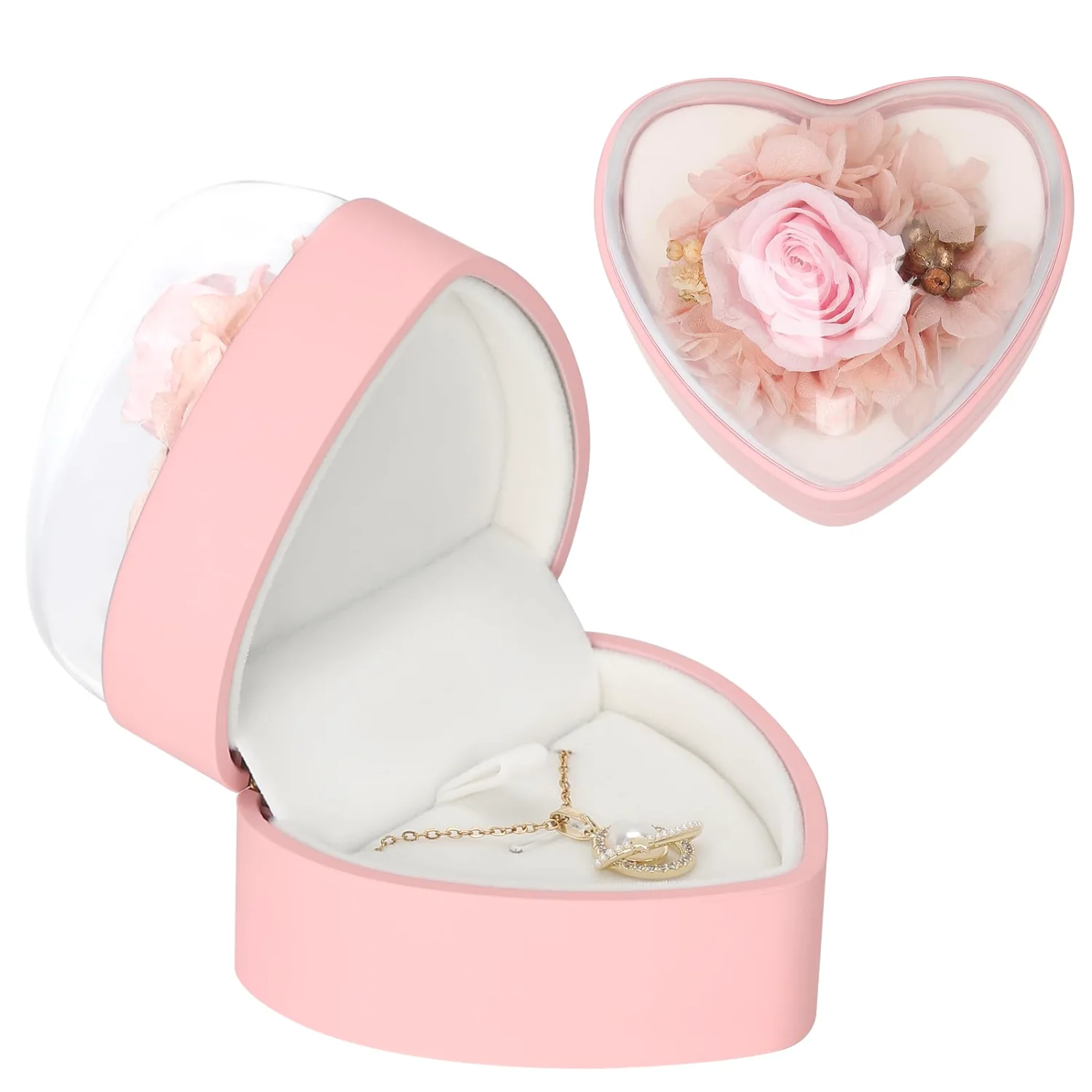 LETURE Heart Pendant Box with Flower in Pink