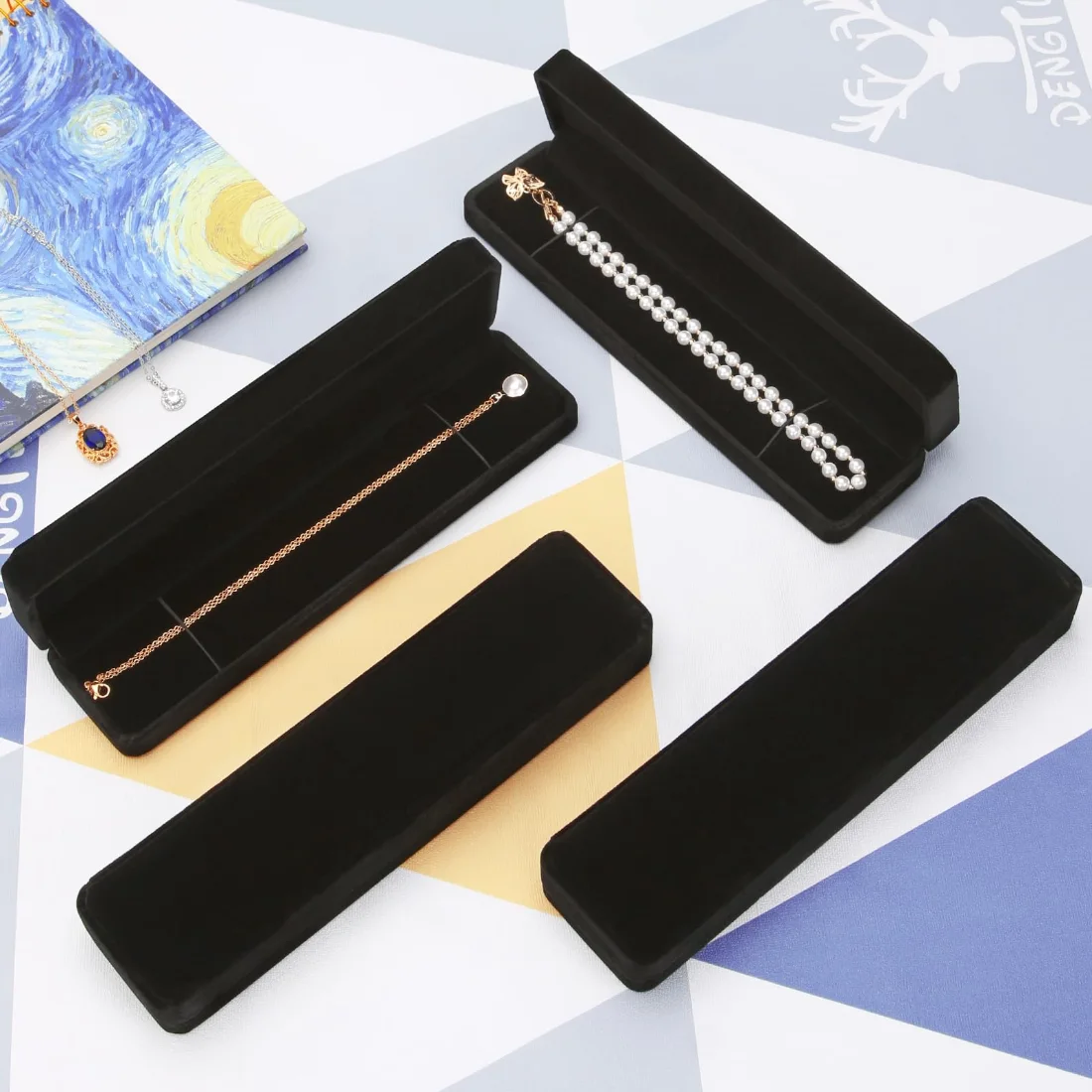 LETURE Long Velvet Boxes, Set of 4 in Black, view 2