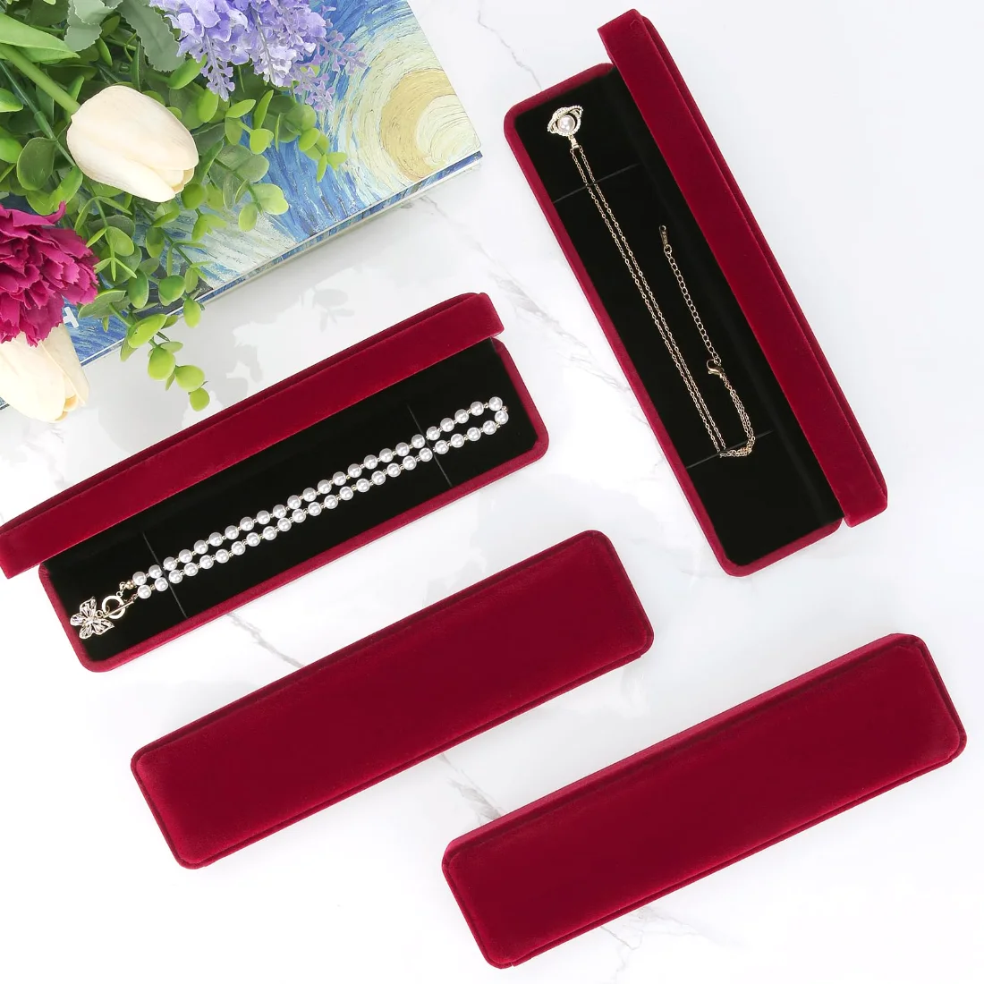 LETURE Long Velvet Boxes, Set of 4 in Red, view 5
