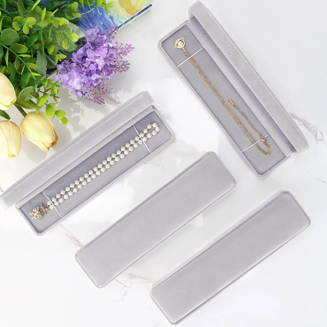 LETURE Long Velvet Chain Boxes, Set of 2 in Grey, view 4