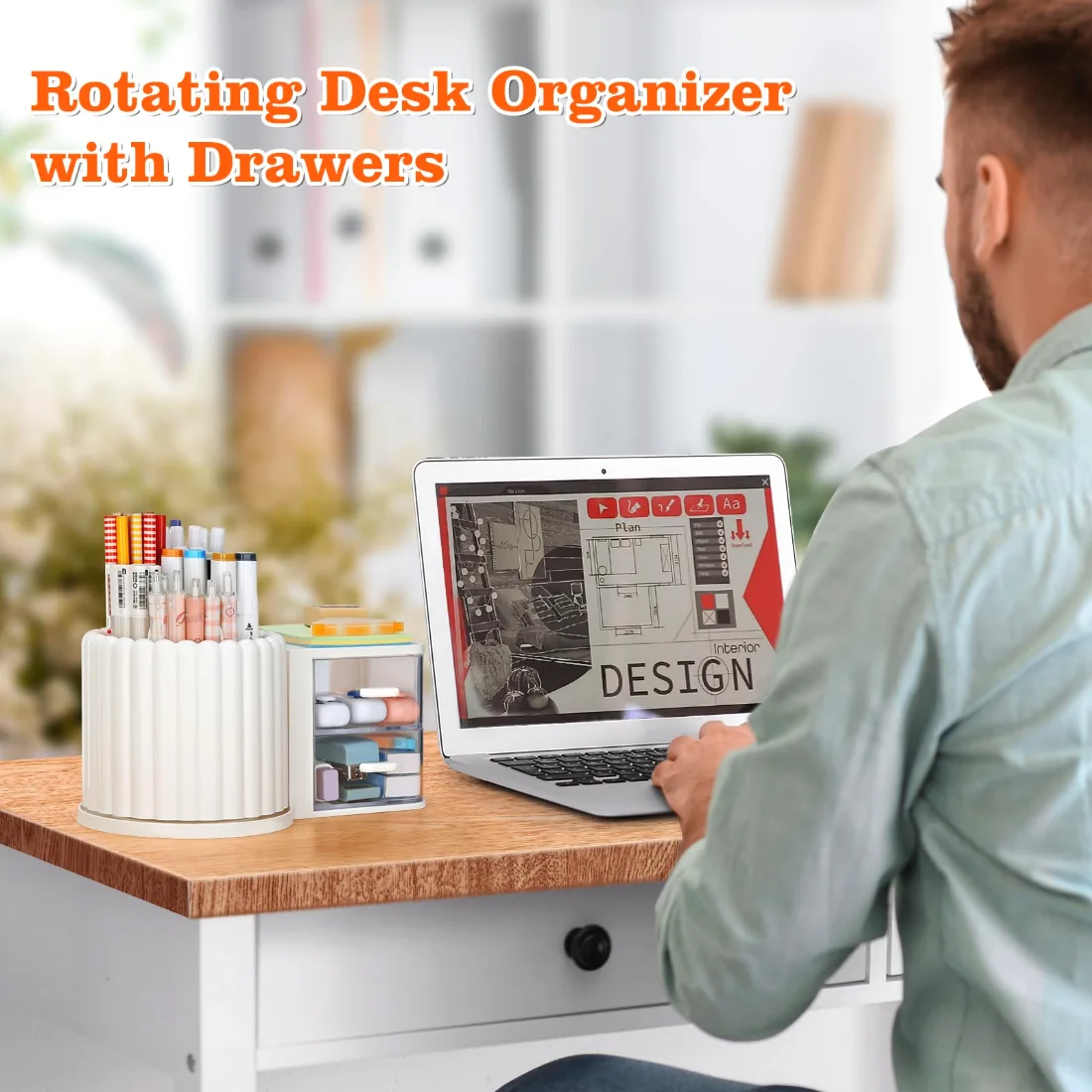 LETURE Rotating Desk Organizer with 2 Drawers in White, view 2