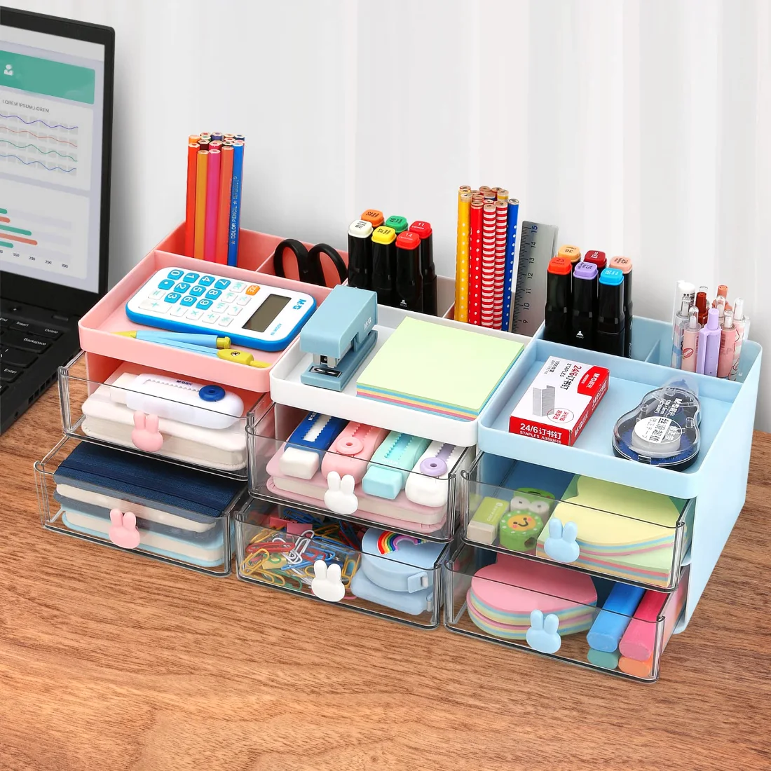 LETURE Small Desk Organizer with Drawer in Pink, view 3