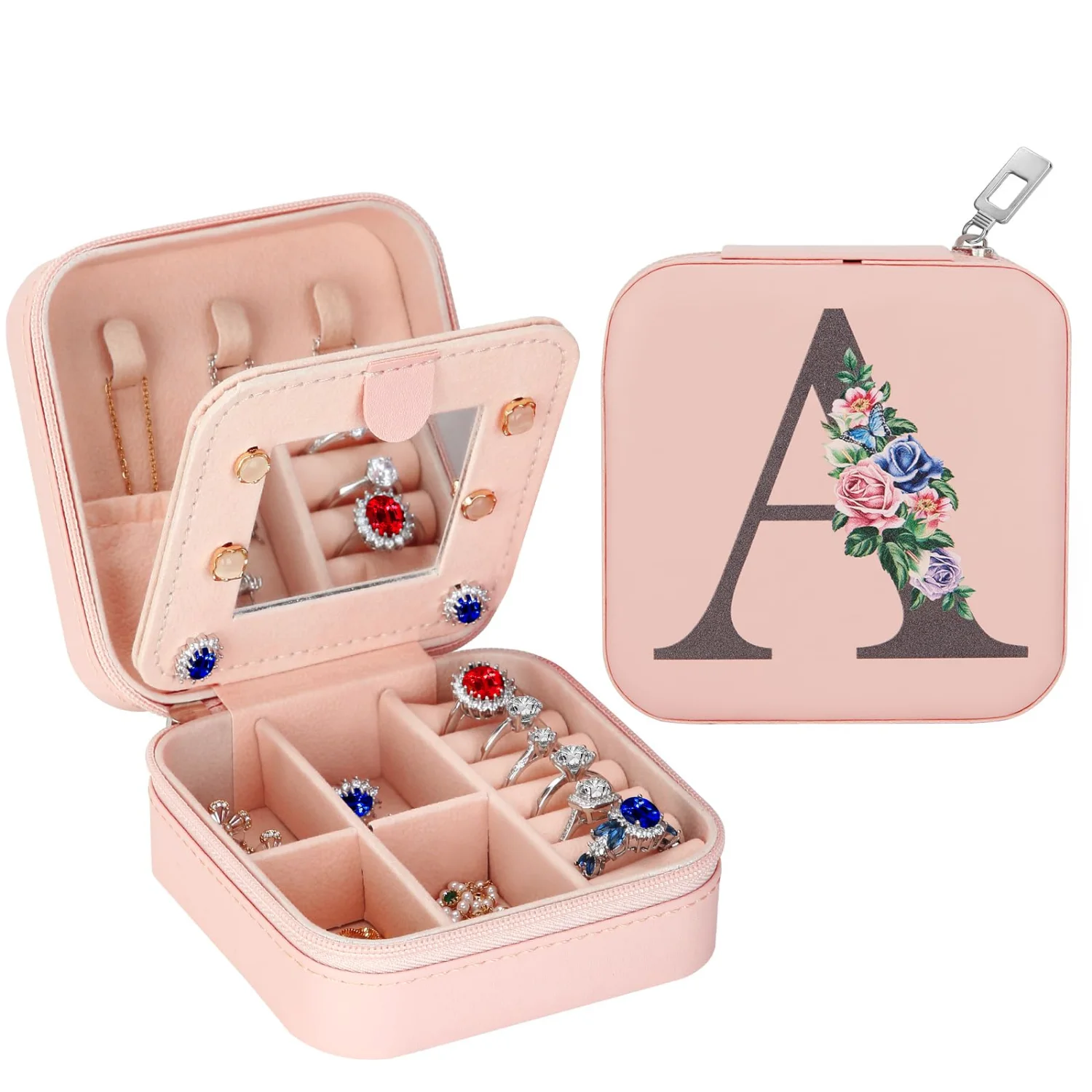LETURE Travel Jewelry Case with Mirror in Pink, Letter A