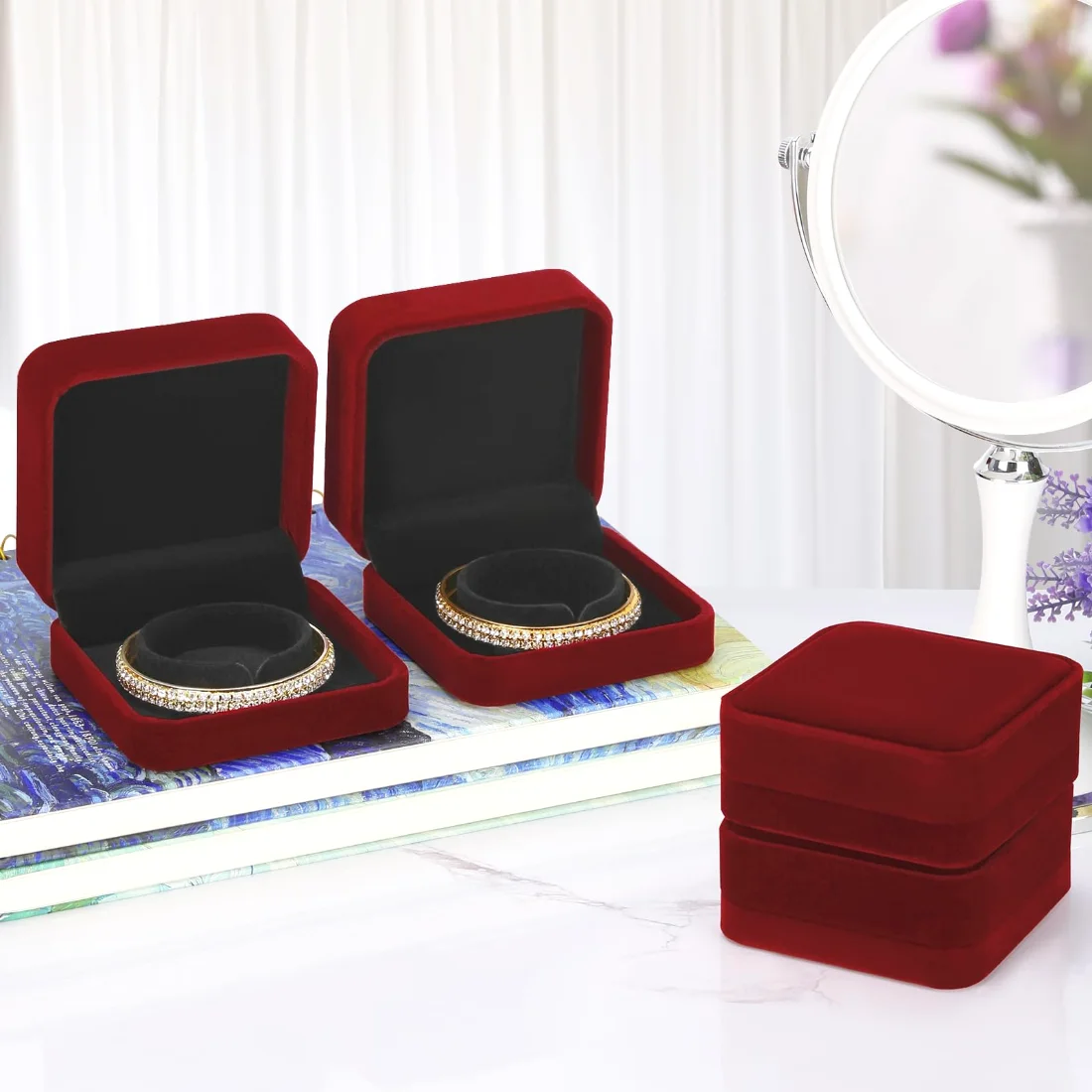 LETURE Velvet Bracelet Boxes, Set of 4 in Red, view 3