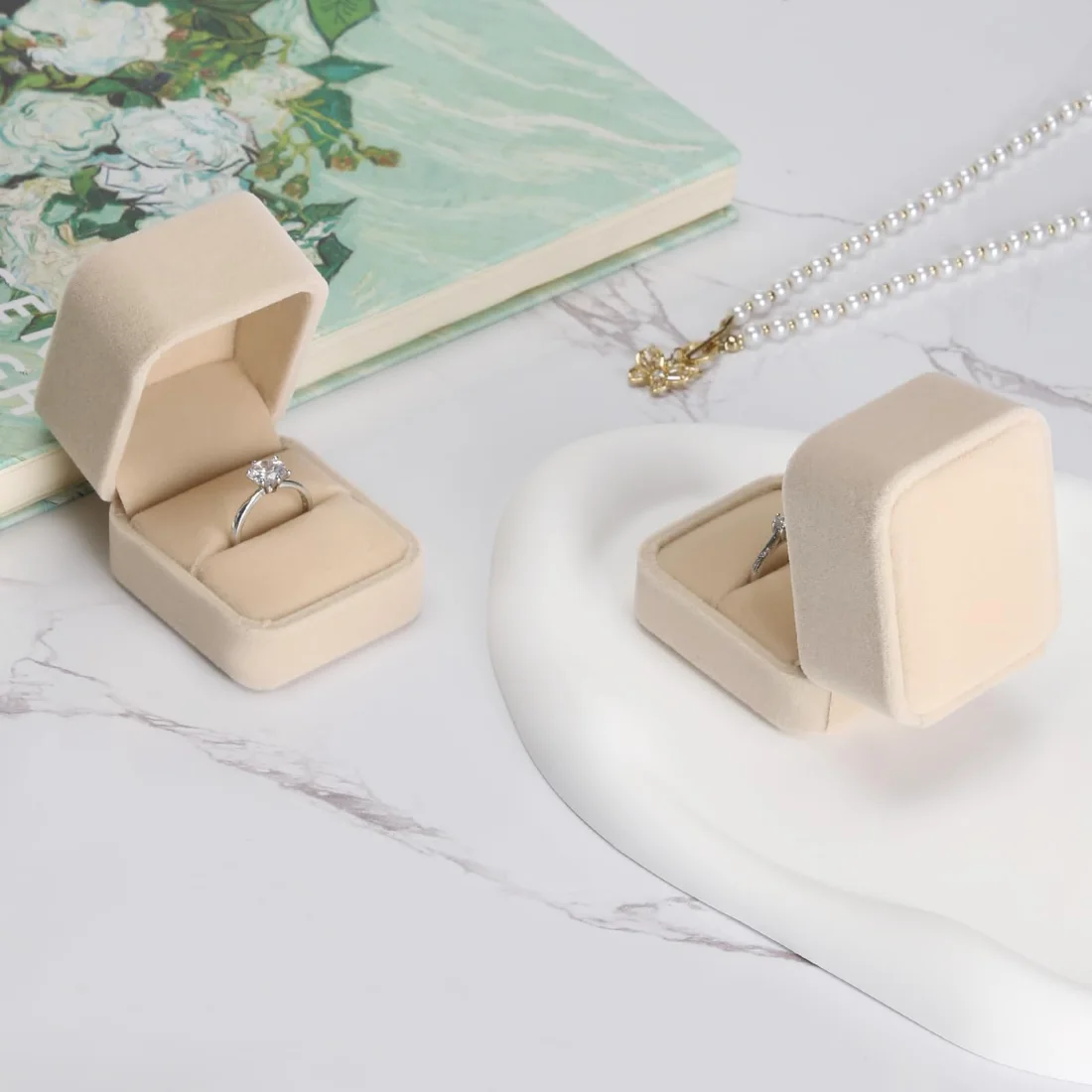 LETURE Velvet Ring Boxes, Set of 4 in Apricot, view 4
