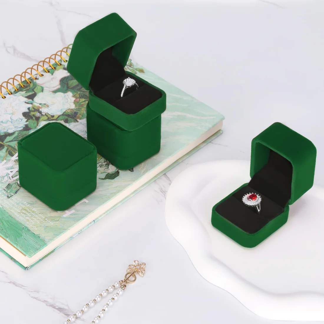 LETURE Velvet Ring Boxes, Set of 4 in Green, view 5