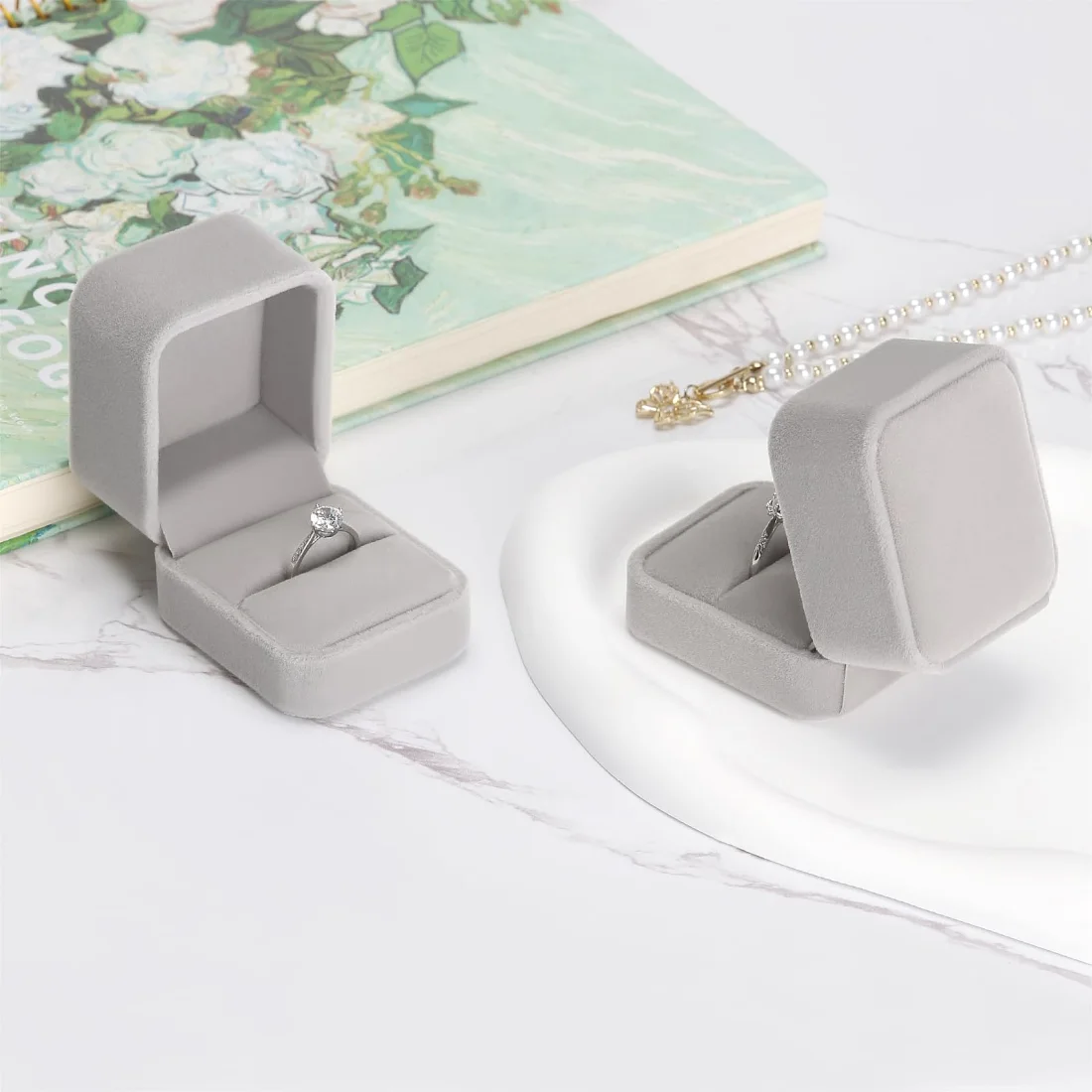 LETURE Velvet Ring Boxes, Set of 4 in Grey, view 4