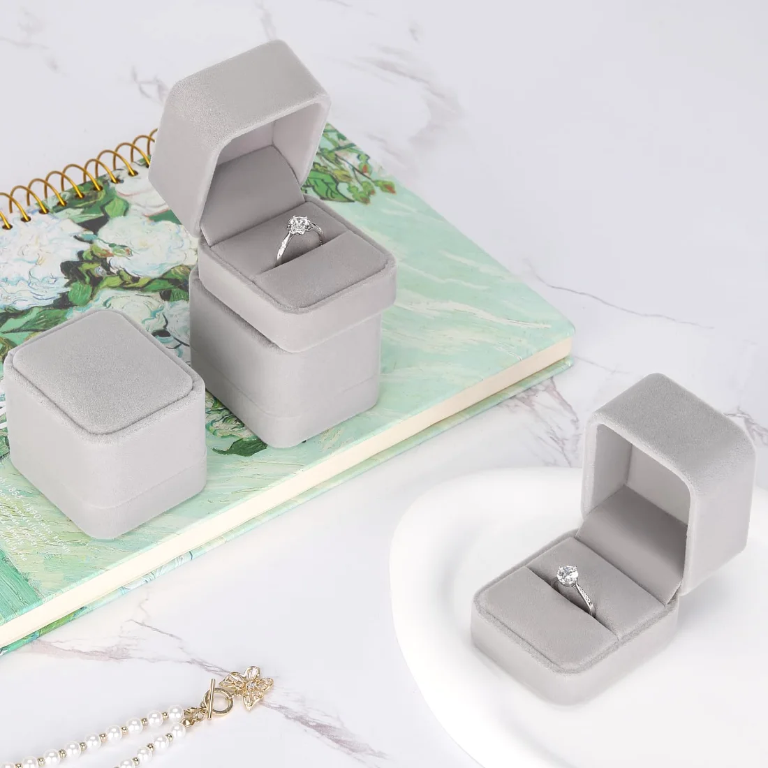 LETURE Velvet Ring Boxes, Set of 4 in Grey, view 5