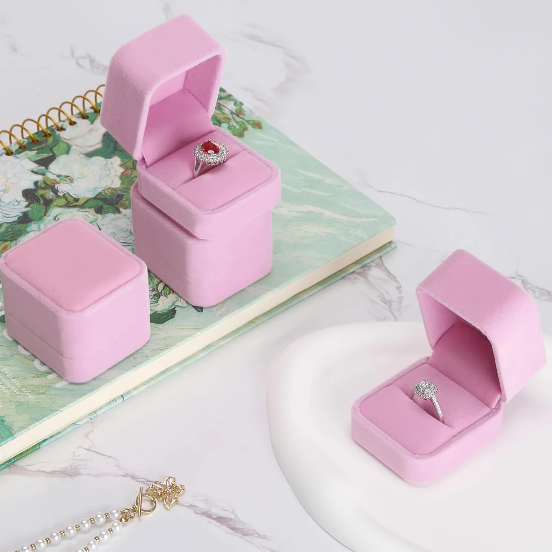 LETURE Velvet Ring Boxes, Set of 4 in Pink, view 5