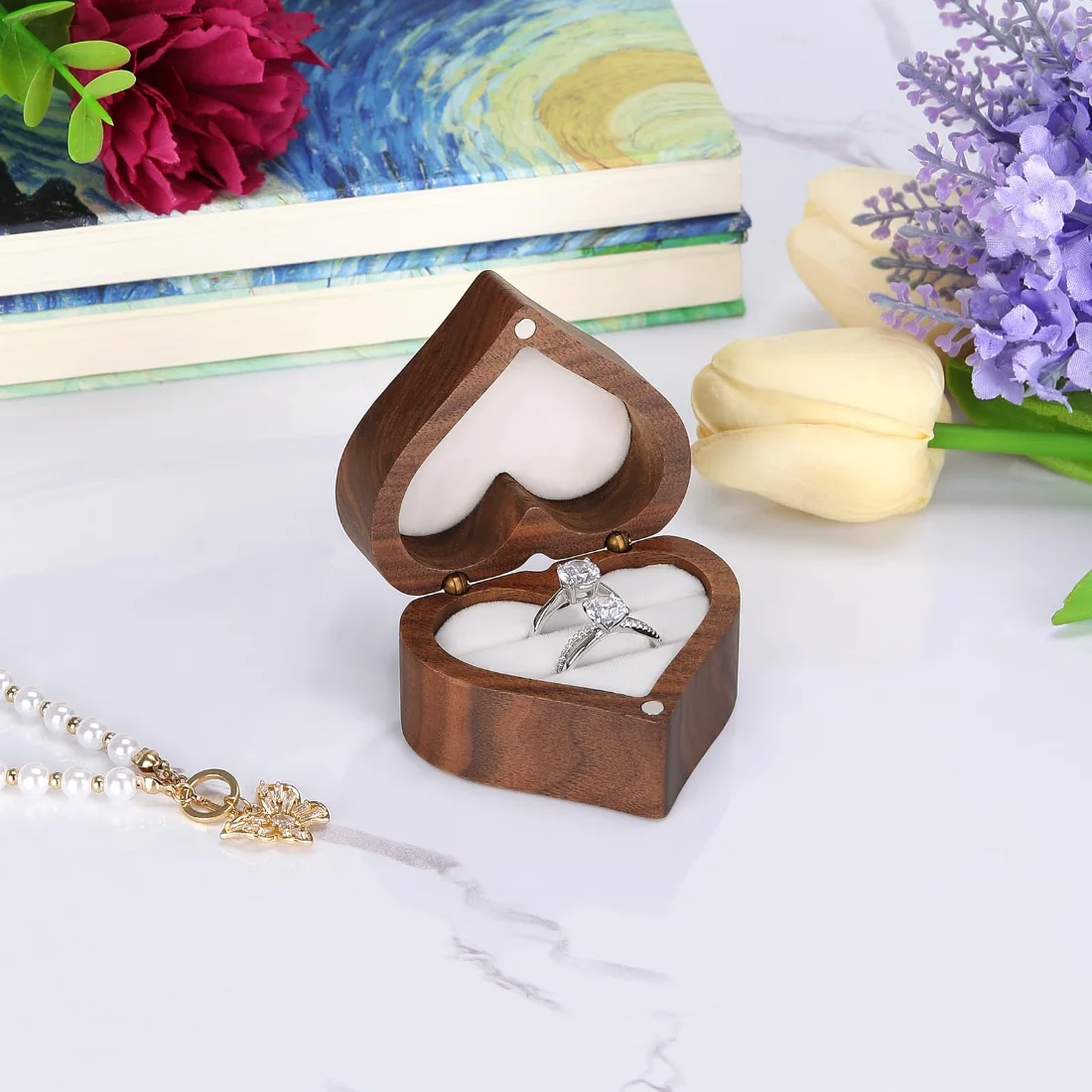 LETURE Wooden Heart Ring Box in White lining, 2 slots, view 4
