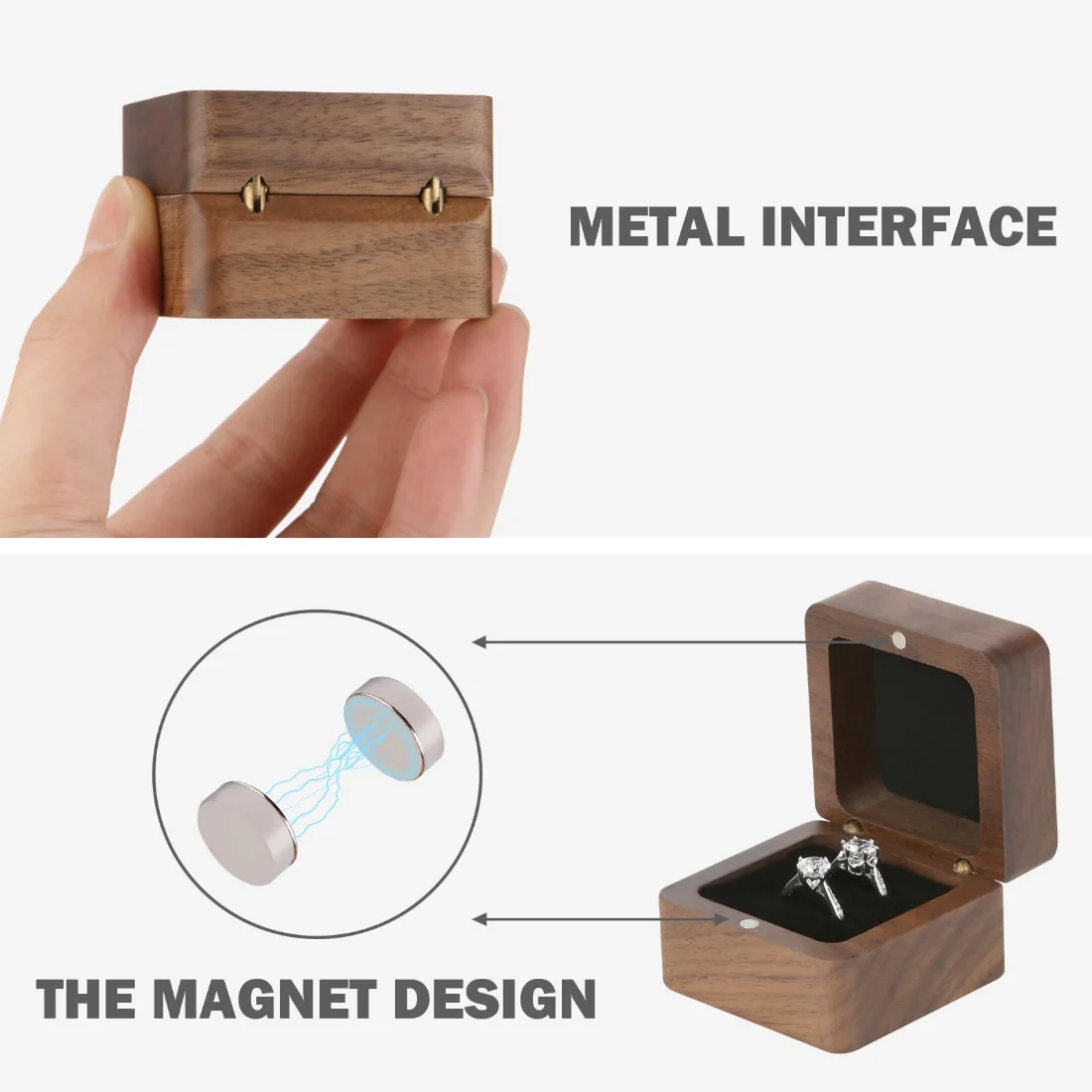 LETURE Wooden Ring Box in Black lining, 2 slots, view 3