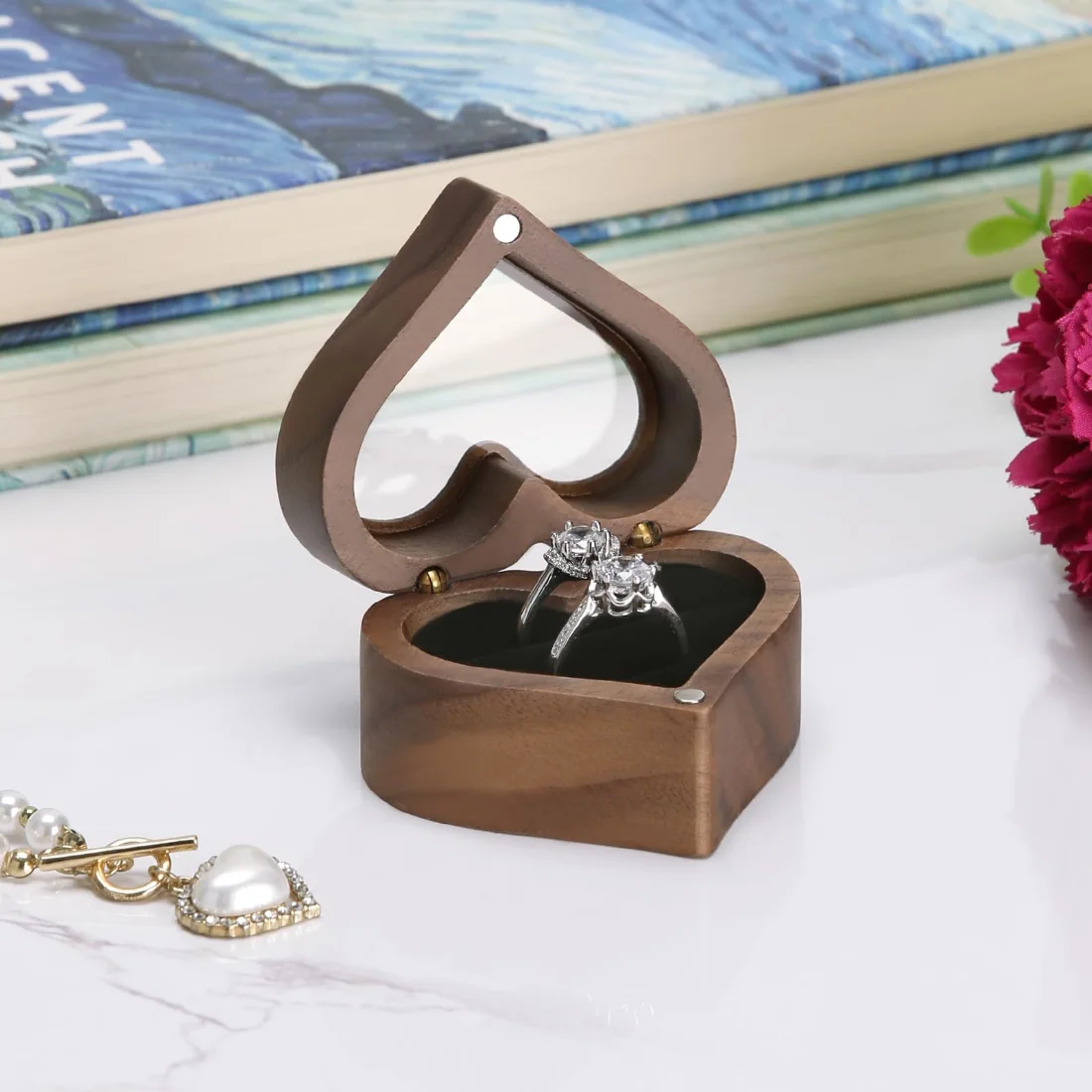 LETURE Wooden Ring Display Box with Clear Lid in Black lining, 2 slots, view 3