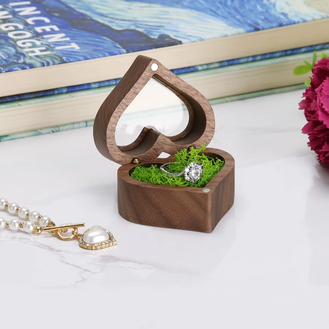 LETURE Wooden Ring Display Box with Clear Lid in Walnut, With moss, view 3