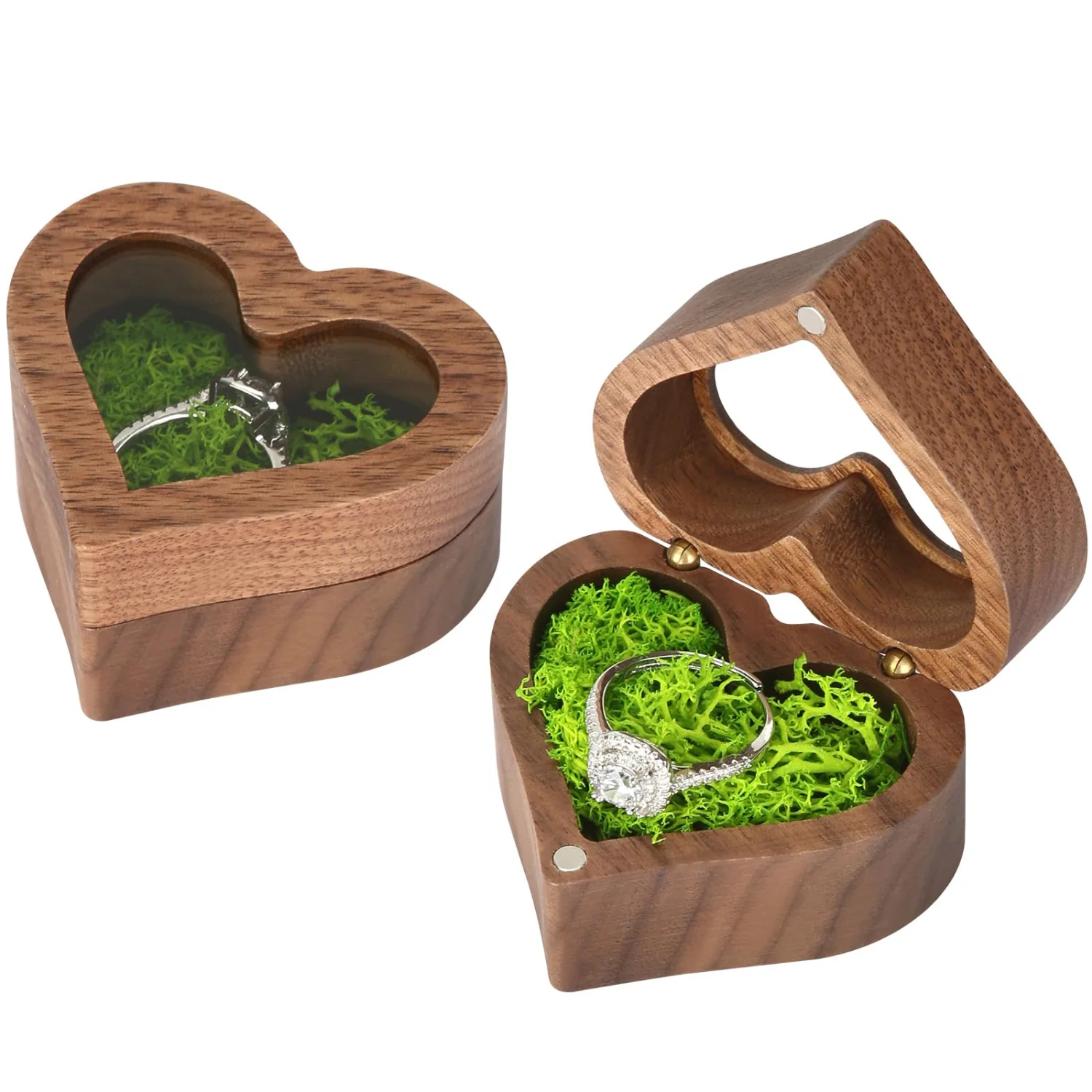 LETURE Wooden Ring Display Box with Clear Lid in Walnut, With moss