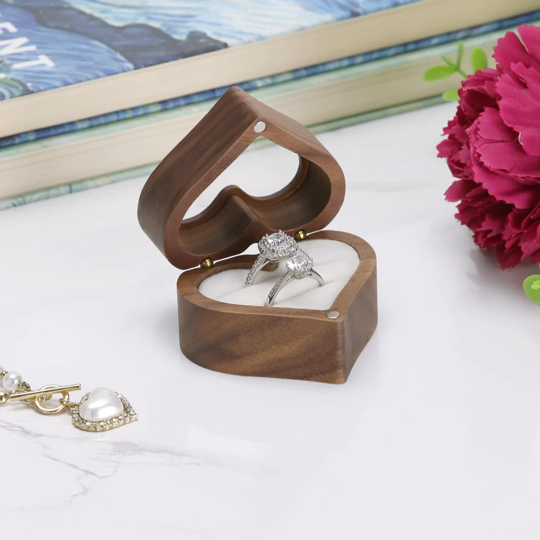 LETURE Wooden Ring Display Box with Clear Lid in White lining, 2 slots, view 3