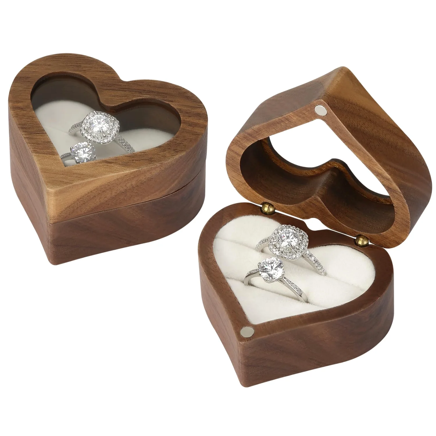 LETURE Wooden Ring Display Box with Clear Lid in White lining, 2 slots