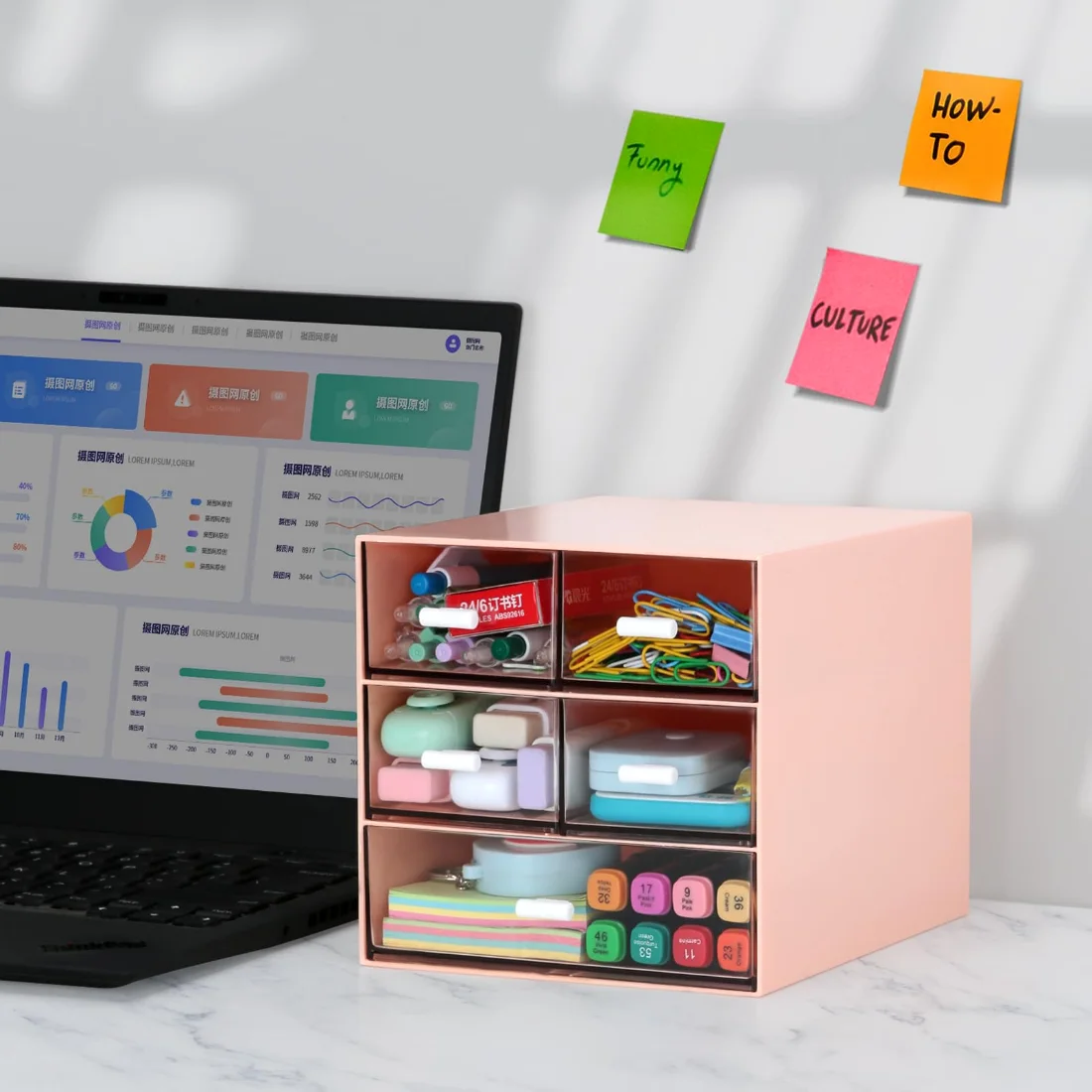 LETURE 5-Drawer Desk Organizer in Pink, 5 drawers, view 3