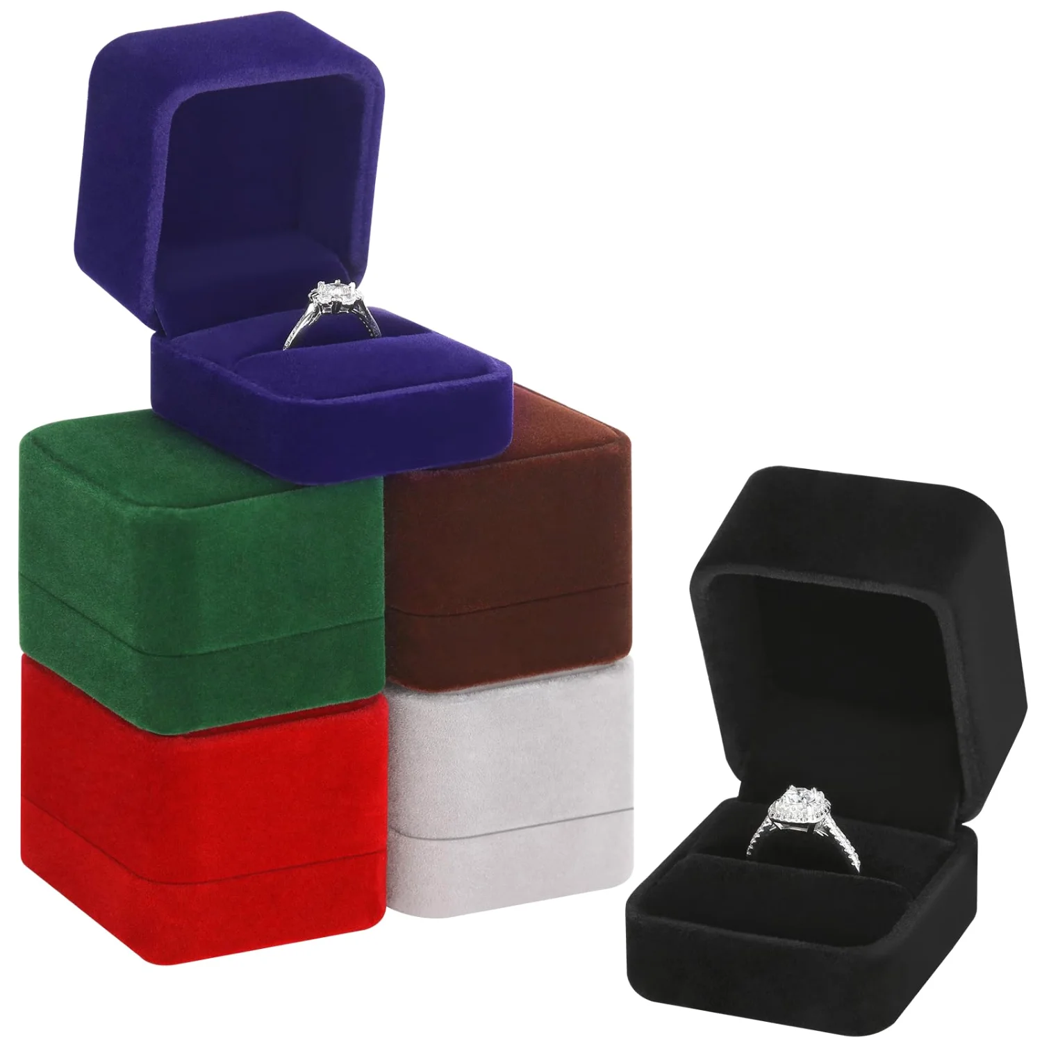 LETURE Black Velvet Ring Boxes, Set of 6 in Black