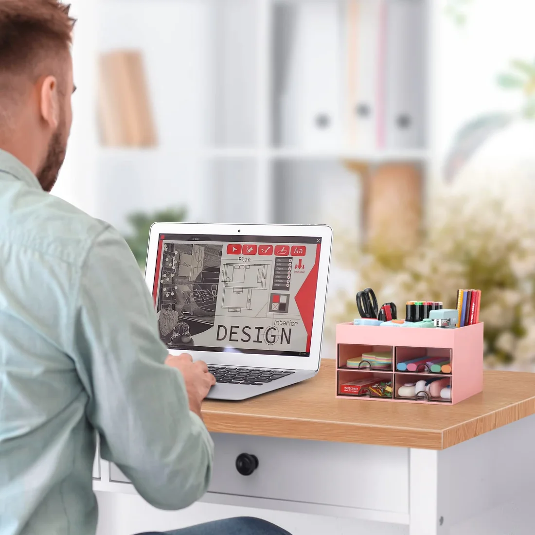 LETURE Desktop Caddy with Drawer in Pink, view 3