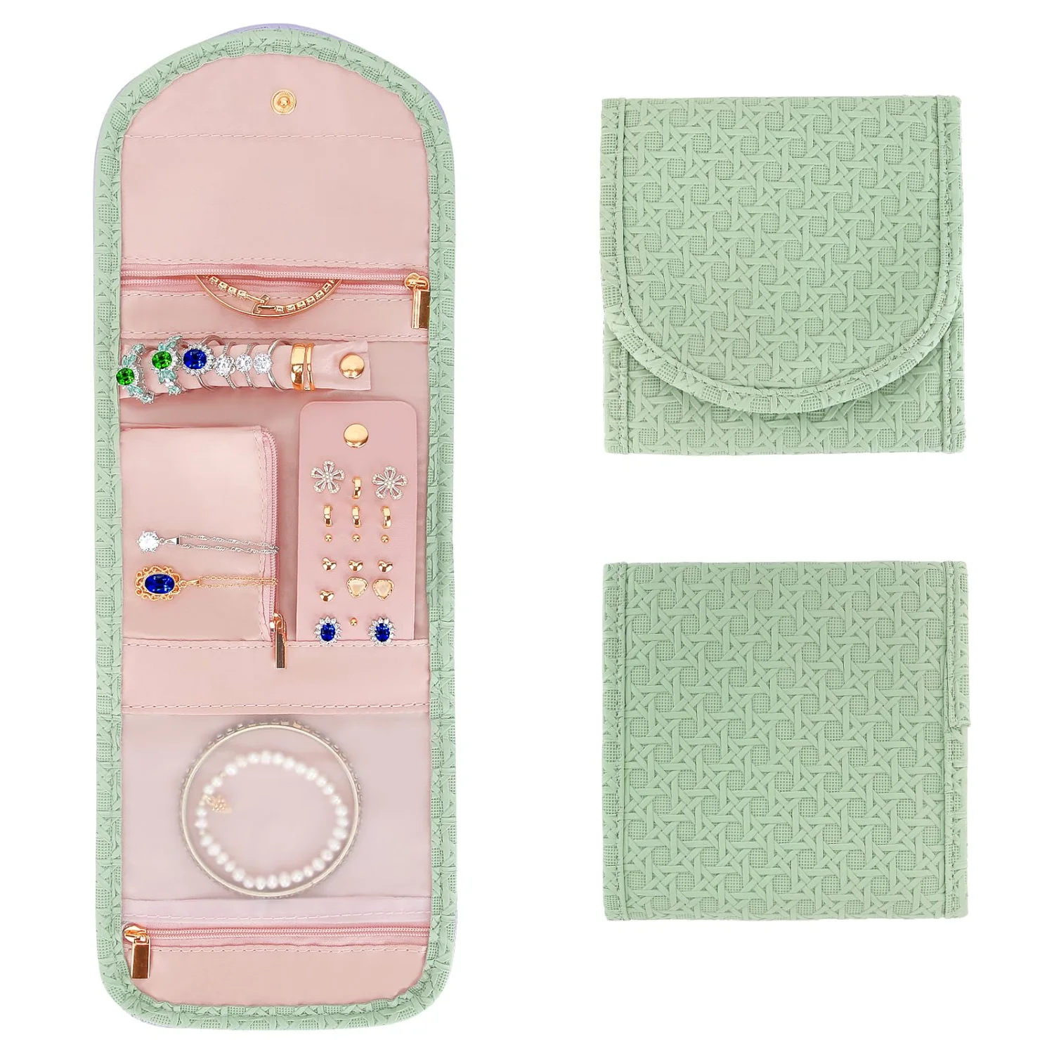 LETURE Foldable Travel Jewelry Roll in Green