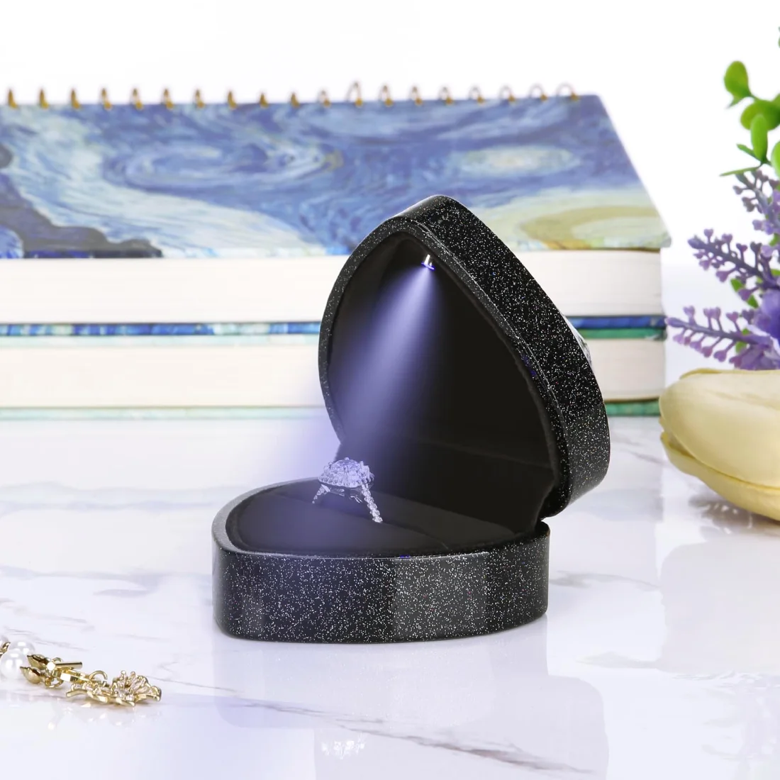 LETURE Heart LED Ring Box in Sky Black, view 5