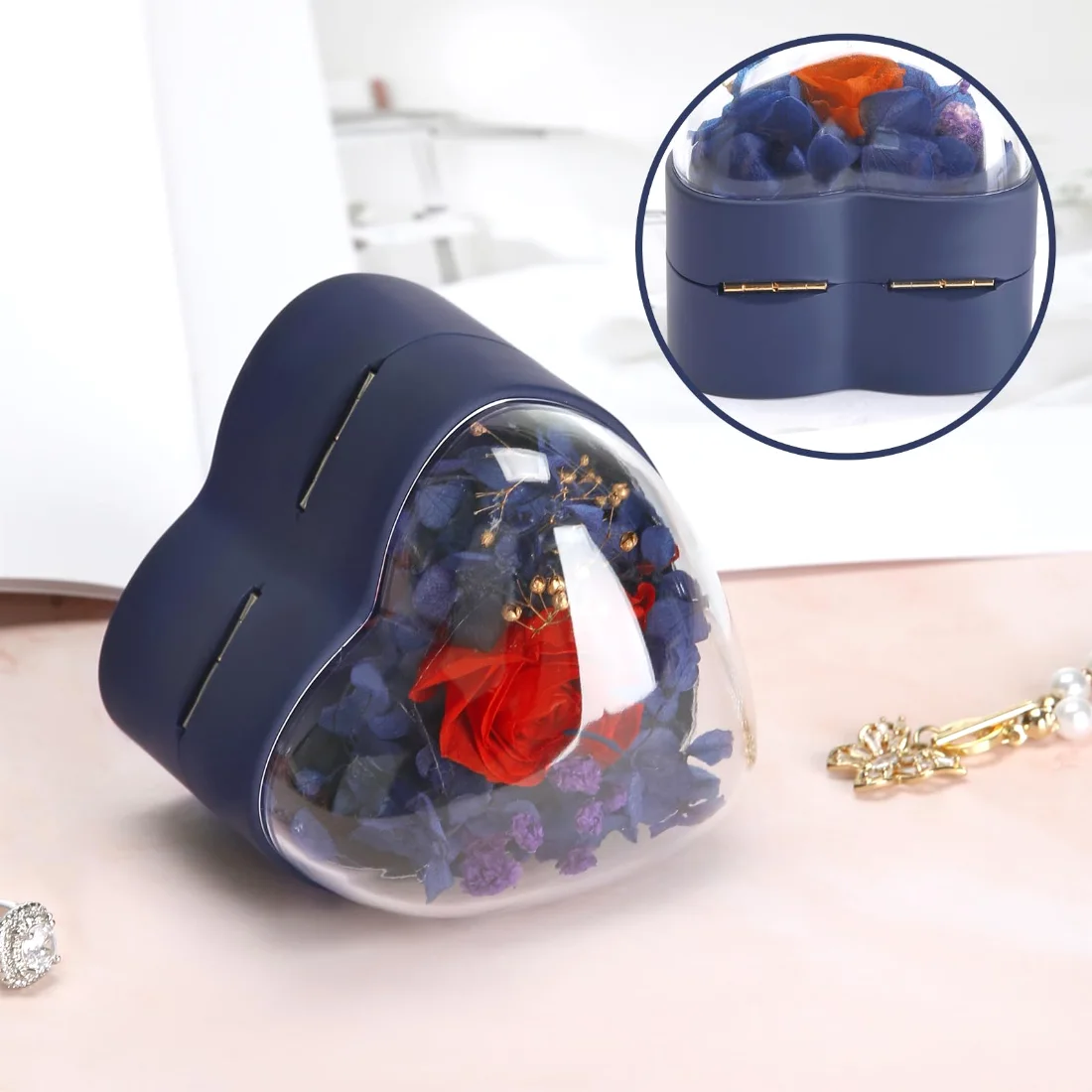 LETURE Heart Pendant Box with Flower in Blue, view 2