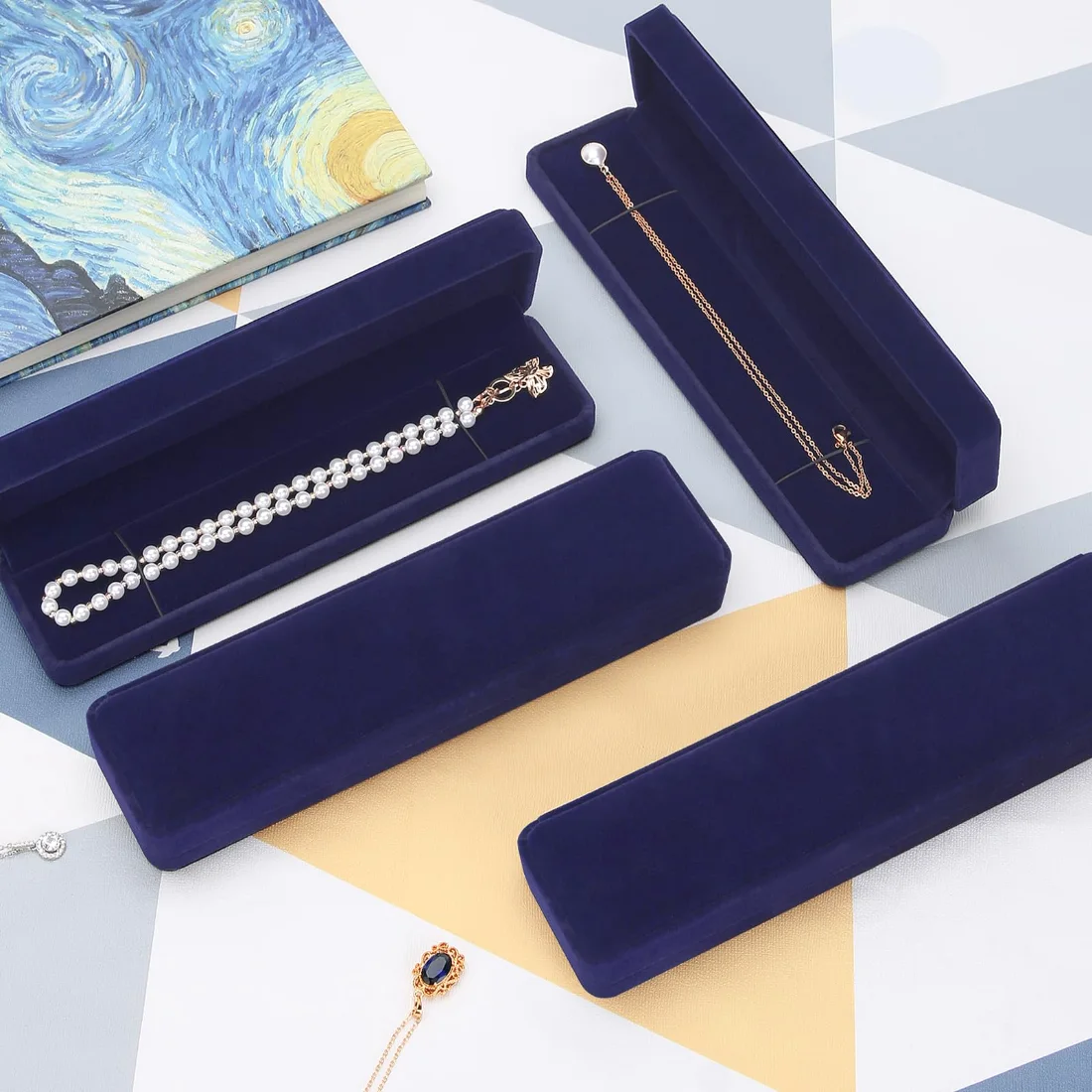 LETURE Long Velvet Boxes, Set of 4 in Blue, view 2