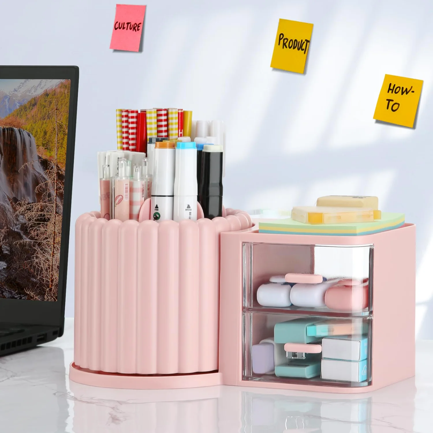 LETURE Rotating Desk Organizer with 2 Drawers in Pink