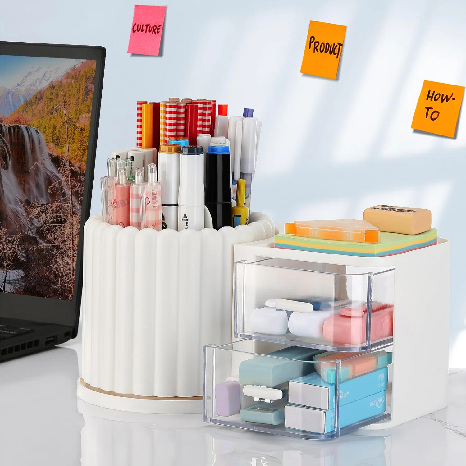LETURE Rotating Desk Organizer with 2 Drawers in White