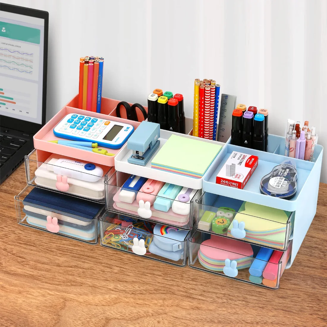 LETURE Small Desk Organizer with Drawer in Blue, view 3