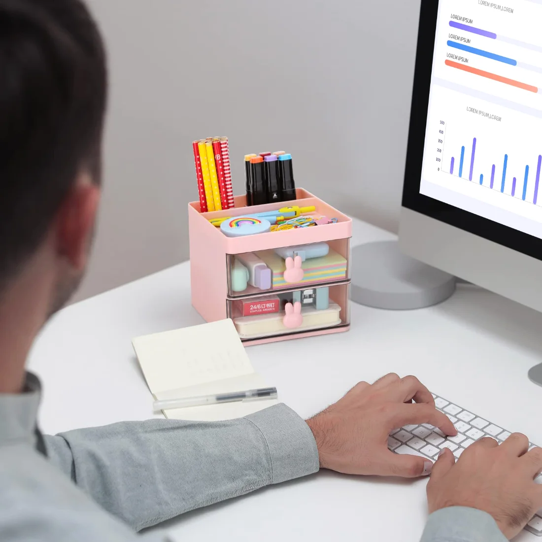 LETURE Small Desk Organizer with Drawer in Pink, view 2
