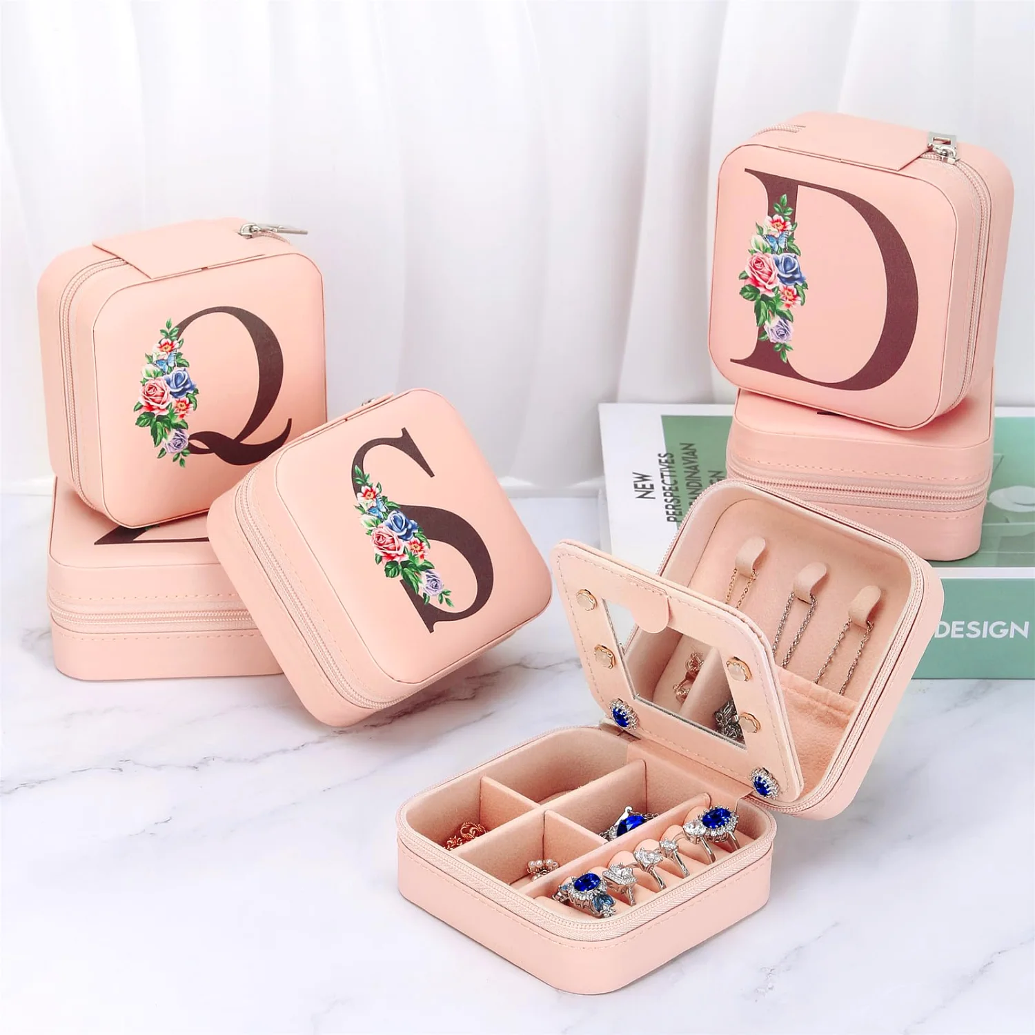 LETURE Travel Jewelry Case with Mirror in Pink, Letter X
