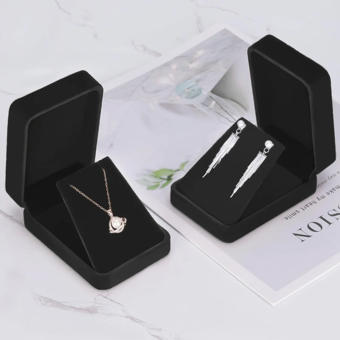 LETURE Velvet Pendant Boxes, Set of 2 in Black, view 3