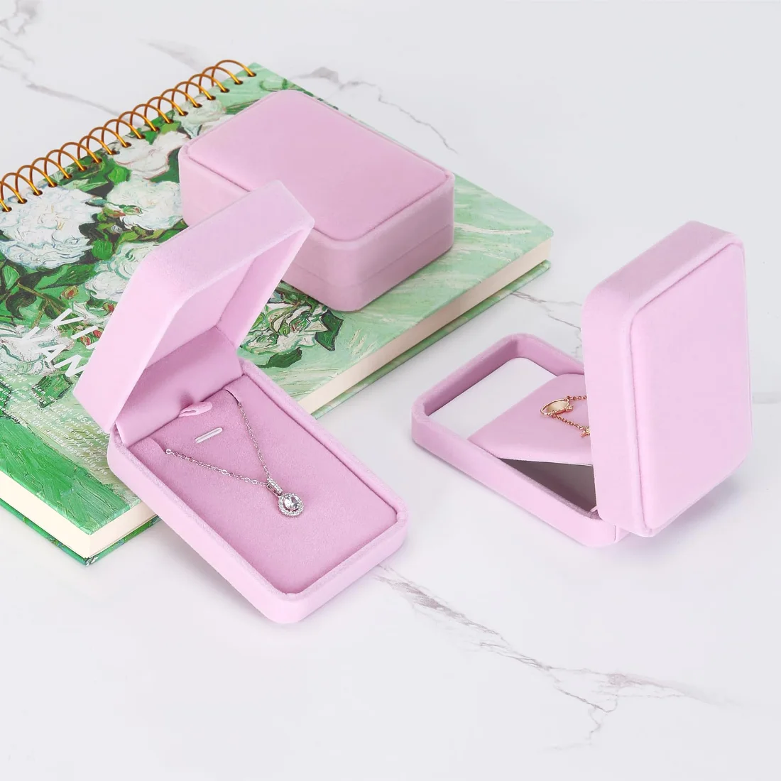 LETURE Velvet Pendant Boxes, Set of 3 in Pink, view 3