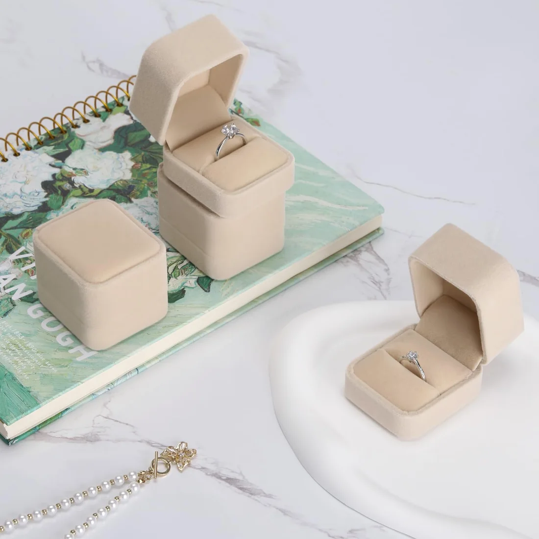 LETURE Velvet Ring Boxes, Set of 4 in Apricot, view 5