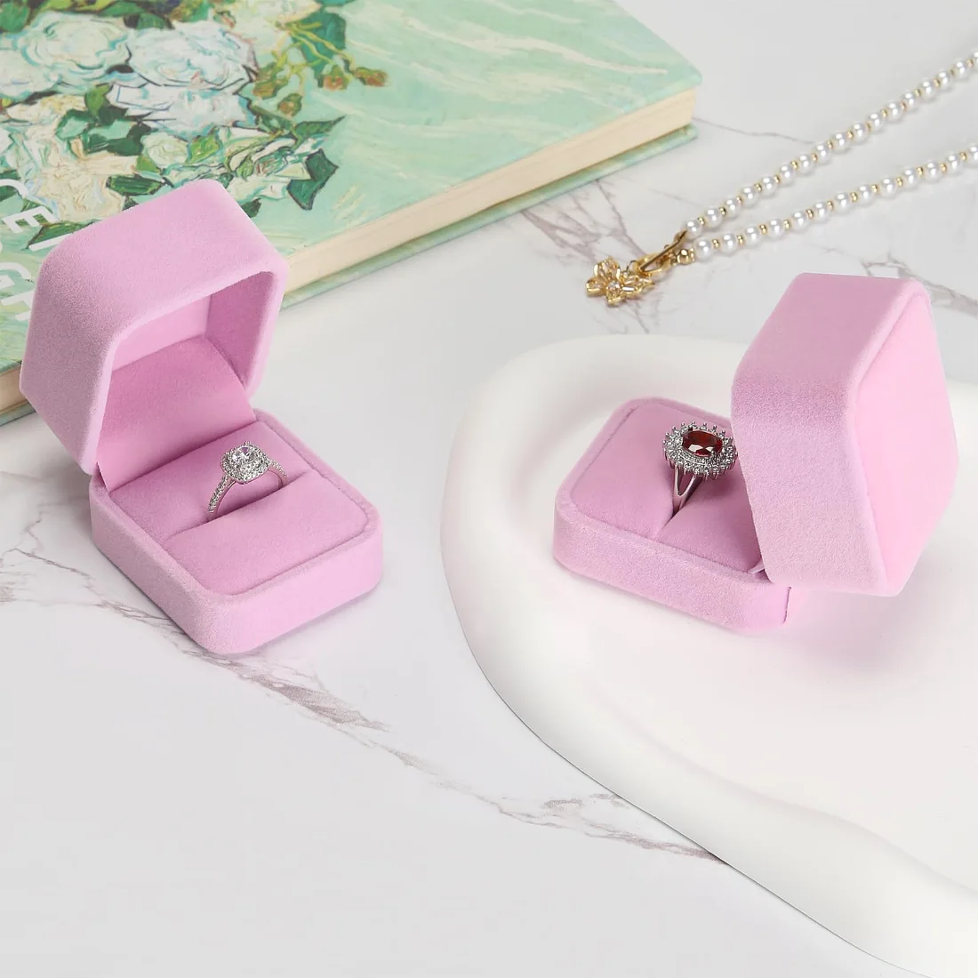 LETURE Velvet Ring Boxes, Set of 4 in Pink, view 4