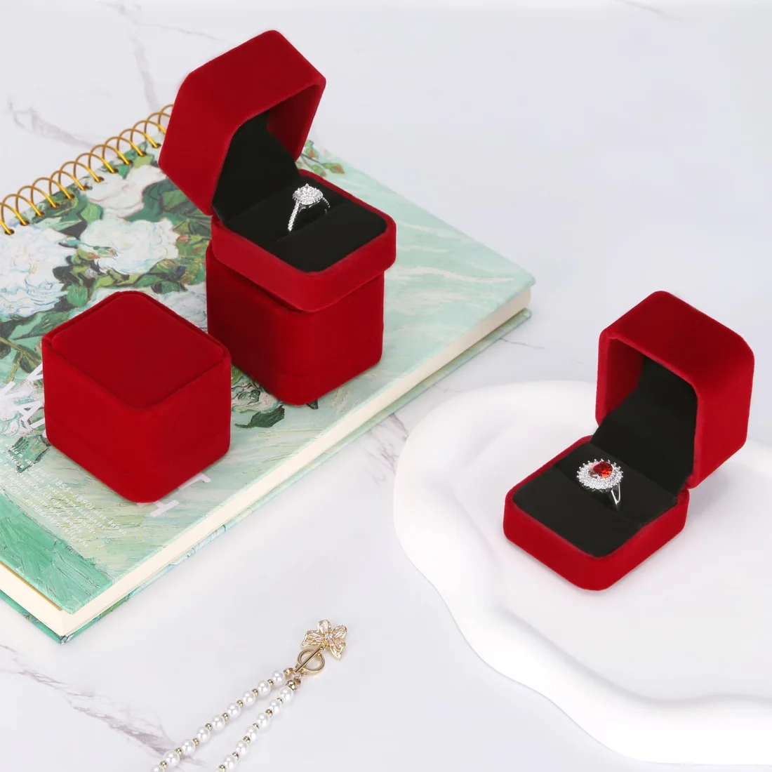 LETURE Velvet Ring Boxes, Set of 4 in Red, view 5