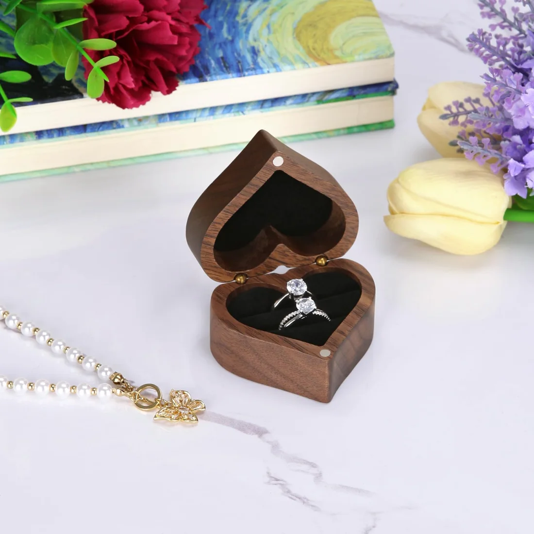 LETURE Wooden Heart Ring Box in Black lining, 2 slots, view 2