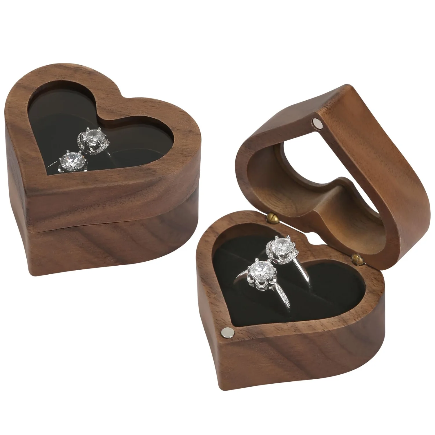 LETURE Wooden Ring Display Box with Clear Lid in Black lining, 2 slots